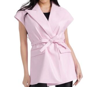 Vegan Leather Oversized Lined Belted Cap Sleeve Vest in Light Pink with Pockets